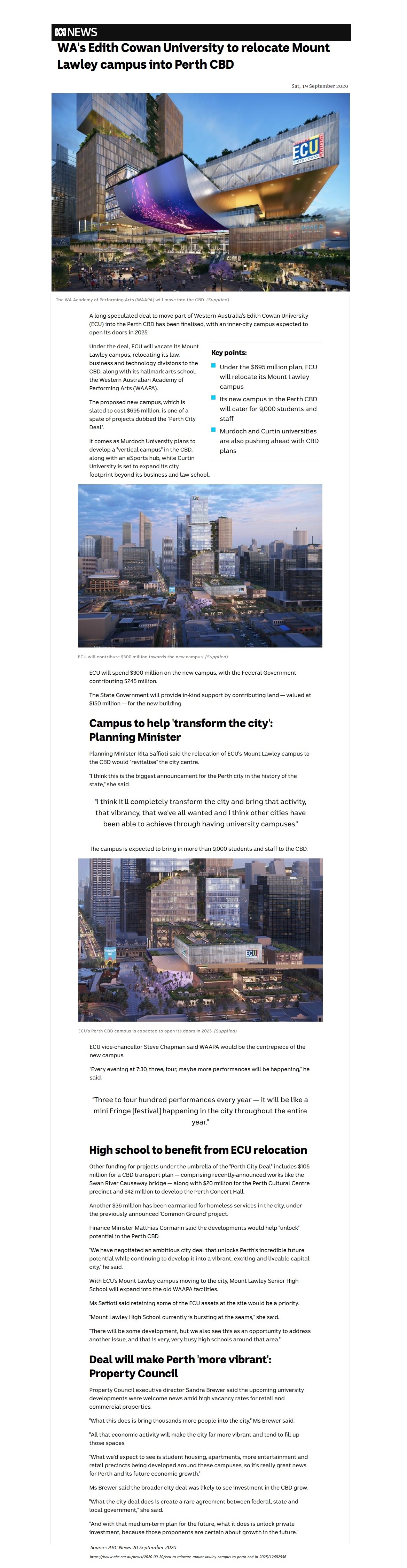 Article - ABC News - WA's ECU to relocate to Perth CBD - 21 Sept 2020